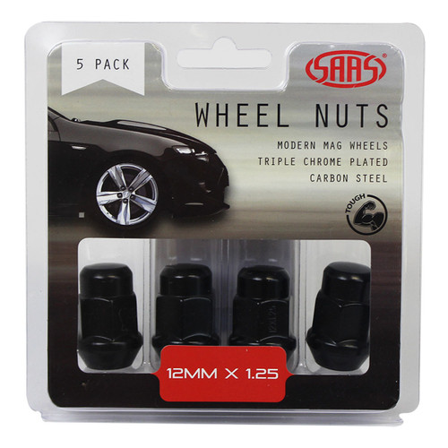 SAAS Wheel Nuts Acorn Bulge 12 X 1.25 Black 35mm 5pk