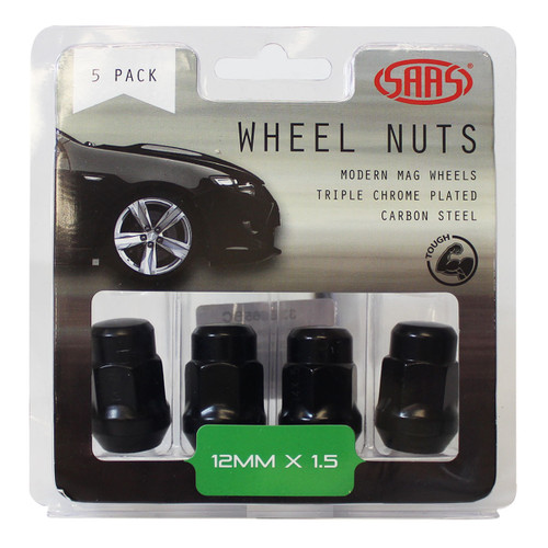 SAAS Wheel Nuts Acorn Bulge 12 X 1.50 Black 35mm 5pk