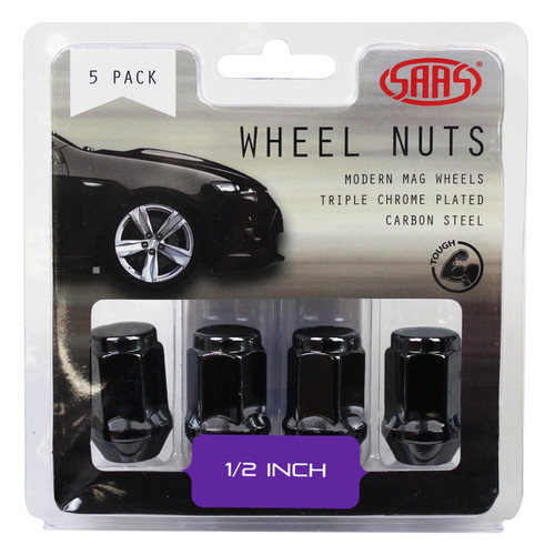 SAAS Wheel Nuts Flat Head Bulge 1/2" Black 35mm 5pk