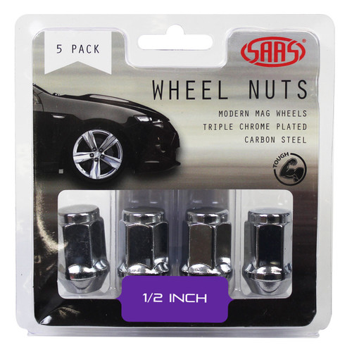 SAAS Wheel Nuts Flat Head Bulge 1/2" Chr 35mm 5pk
