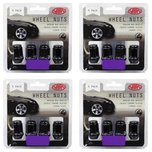 SAAS Wheel Nuts Flat Head Bulge 12 X 1.25 Black 35mm 5pk