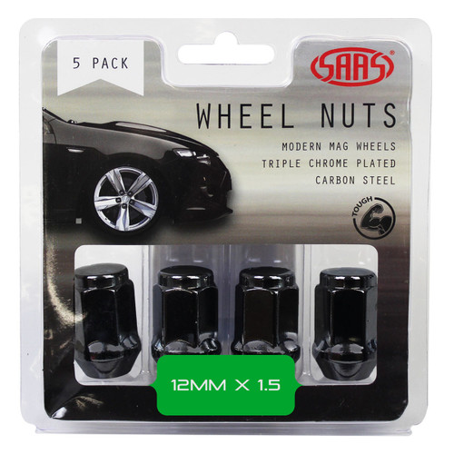 SAAS Wheel Nuts Flat Head Bulge 12 X 1.50 Black 35mm 5pk