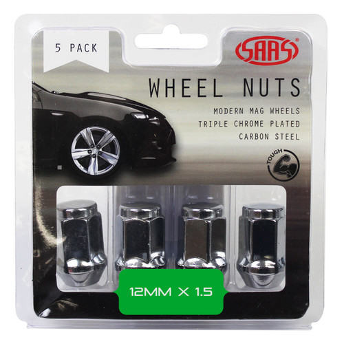 SAAS Wheel Nuts Flat Head Bulge 12 X 1.50 Chr 35mm 5pk