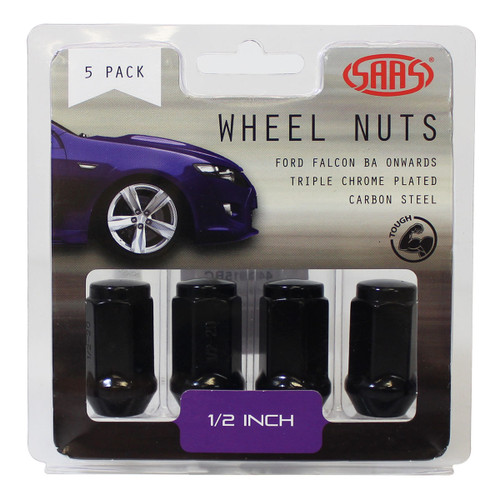 SAAS Wheel Nuts Flat Head Bulge 1/2" Black 40mm 5pk