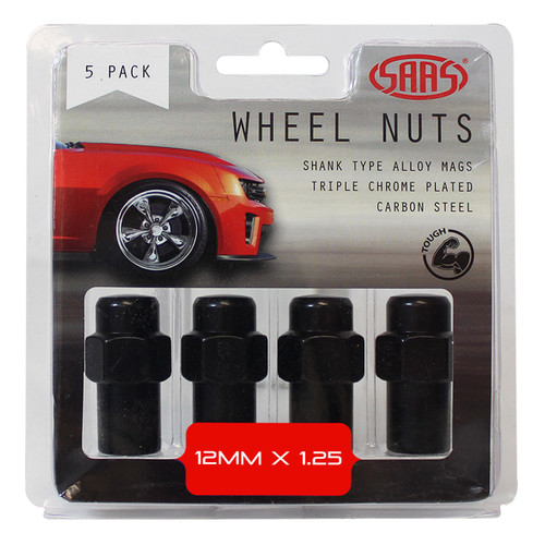 SAAS Wheel Nuts Mag 12 X 1.25 Black 43mm 5pk