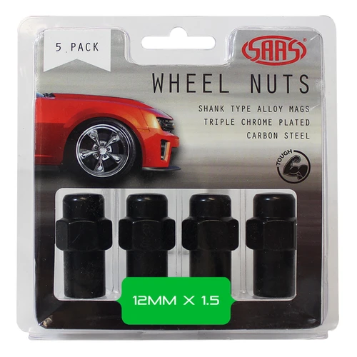 SAAS Wheel Nuts Mag 12 X 1.50 Black 43mm 5pk
