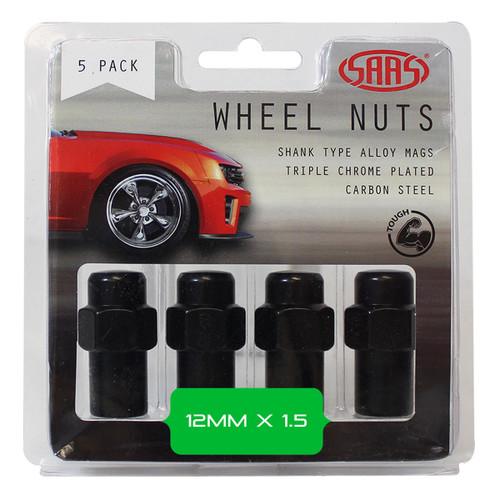 SAAS Wheel Nuts Mag 12 X 1.50 Black 43mm 5pk