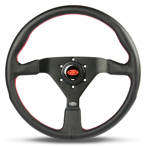 SAAS Sports Steering Wheel Leatherette 14" Black Spoke Red Euro Stitch