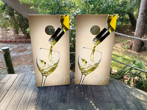 Cornhole wrap design of a wine bottle pouring a bottle of wine into a glass