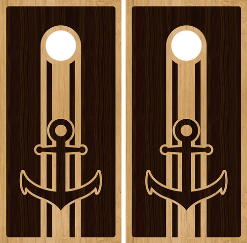 "Nautical Anchor Natural Wood Grain Cornhole Boards featuring rustic wood texture with classic nautical anchor design"