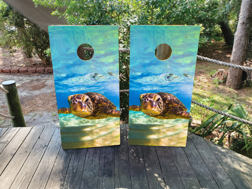 Cornhole boards with an underwater turtle design