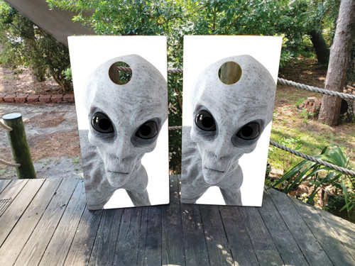 Pair of cornhole boards featuring a high-detail, gray alien with large black eyes on a clean white background, set on a wooden deck with greenery.