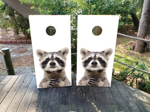 "Curious Raccoon Cornhole Boards featuring detailed raccoon illustration with natural forest background and playful outdoor theme"