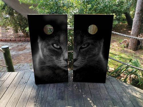 "Dark Cat Cornhole Boards featuring black cat illustration with glowing eyes and mysterious, spooky theme on dark background"