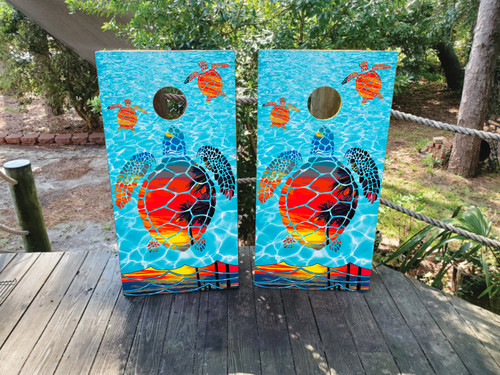 "Beach Turtle USA Flag Professional Cornhole Boards featuring sea turtle with American flag design on tropical beach background"