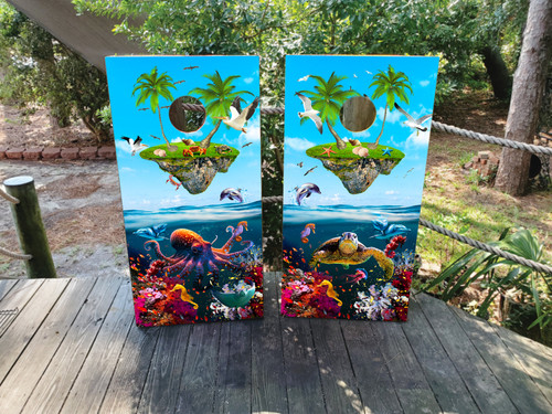 "Floating Island Beachy Cornhole Boards featuring tropical island with palm trees, ocean waves, and vibrant beach design"