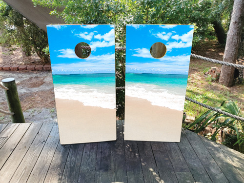 "Beach Side Professional Cornhole Boards featuring vibrant tropical beach scene with palm trees and ocean waves"