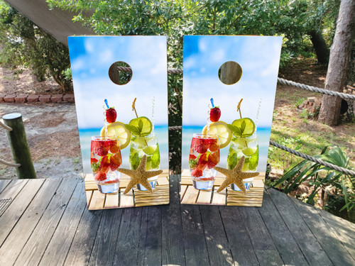 cornhole boards featuring refreshing Spritzers on the Beach with a star fish on the table
