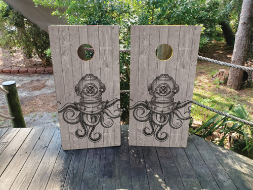 Nautical-themed cornhole boards with vintage diver helmet, octopus tentacles, and oceanic graphics, built to professional regulation standards.