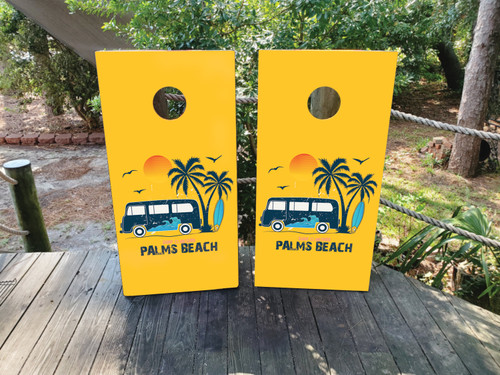"Palm Beach Cornhole Boards Design 2 featuring tropical palm trees, sandy beach, and vibrant ocean sunset background"