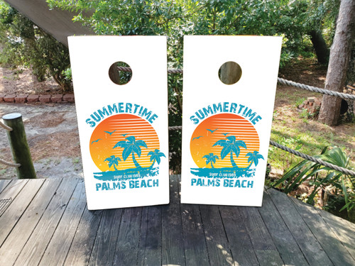 "Palm Beach Professional Cornhole Boards featuring tropical palm trees, sandy beach, and vibrant ocean background"