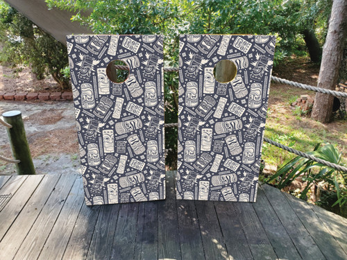 "Dark Blue Tiki Totem Professional Cornhole Boards featuring bold tiki totem design with tropical island theme and deep blue tones"