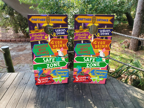Mexican fiesta-themed drinking game cornhole boards with colorful sombrero, cactus, and festive graphics, featuring drink markers and built to professional regulation standards.