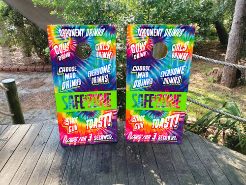 "Tie Dye Drinking Game Professional Cornhole Boards with vibrant tie-dye pattern, party cups, and fun beach game design"