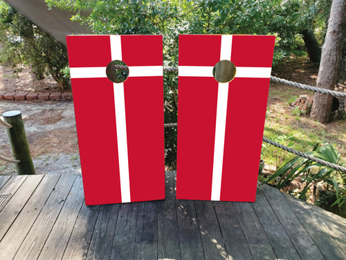 Red and white Danish flag cornhole board wraps featuring a clean, minimalist design with a white Scandinavian cross on a bold red background.