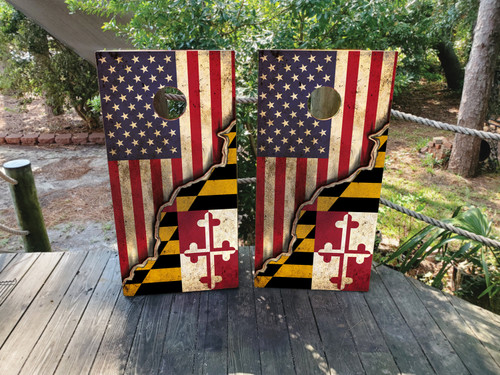 Cornhole boards featuring a distressed USA flag and Maryland flag