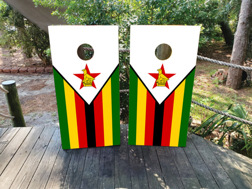 A cornhole set featuring a Zimbabwe Flag