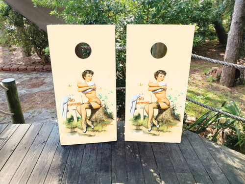 "Pin-Up Girl Professional Cornhole Boards featuring retro beach design with vintage pin-up artwork and coastal background"