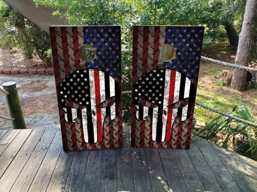 Pair of cornhole boards featuring a stylized  skull overlayed with a distressed American flag, incorporating a vertical thin red line, set against a diamond plate texture for a rugged, industrial look.