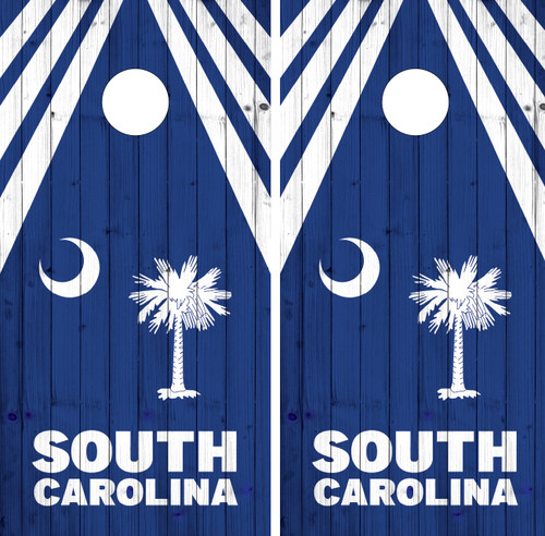 "Navy South Carolina Cornhole Boards Design 4 featuring navy blue state outline with coastal beach graphics and custom personalization"