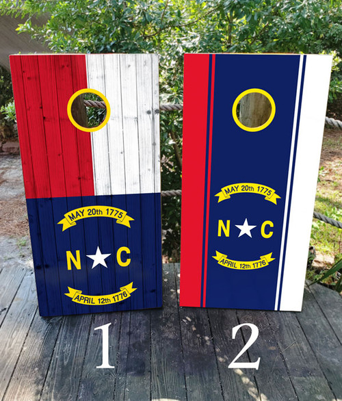 "North Carolina Professional Cornhole Boards featuring state outline, coastal design, and beach theme with ocean waves"