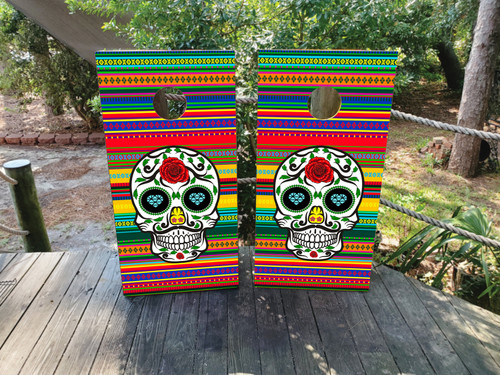 "Colorful Sugar Skull Professional Cornhole Boards featuring vibrant Day of the Dead sugar skull design with floral and decorative patterns"