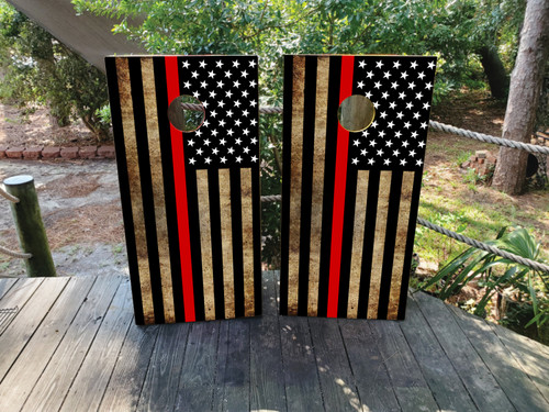 Cornhole boards featuring a distressed thin red line usa american flag