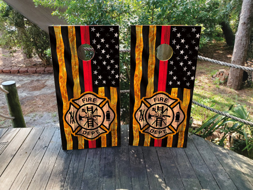 Cornhole boards featuring a firey thin red line usa american flag