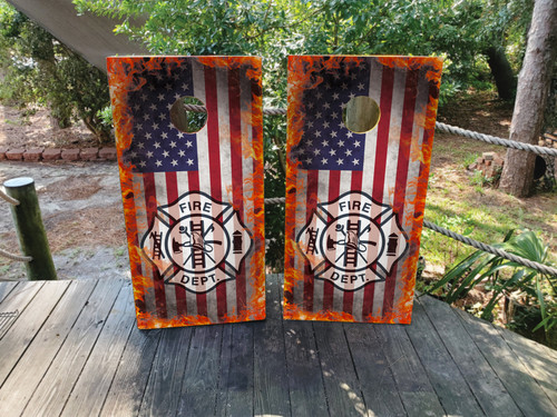 "Firefighter USA Flag Cornhole Boards Design  featuring regulation-size birchwood boards wrapped in rustic wood grain American flag design with firefighter emblem overlay and professional clear-coated finish"