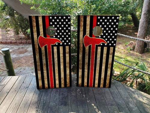 "Firefighter Thin Red Line Cornhole Boards Design 7 featuring a distressed American flag with a bold red stripe and firefighter axe silhouette, crafted from regulation-size birchwood with clear-coated finish"