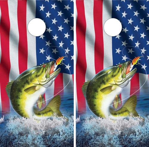"USA Flag & Fishing Cornhole Boards Design 2 featuring regulation-size birch boards wrapped in rustic wood grain American flag design with fish silhouette, clear-coated sides, and reinforced cross braces"