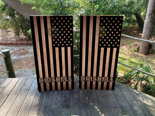 Custom Cornhole boards featuring a wood grain usa flag