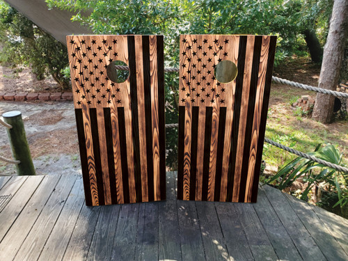 "Burnt Wood USA American Flag Cornhole Boards – Design 2 featuring charred wood texture with American flag design in rustic patriotic theme"