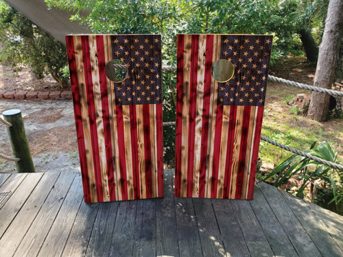 "Wood Grain USA American Flag Cornhole Boards featuring rustic wood texture background with American flag overlay in patriotic theme"