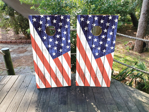 "Diagonal USA American Flag Cornhole Boards featuring American flag design with diagonal stripes and stars in bold patriotic theme"
