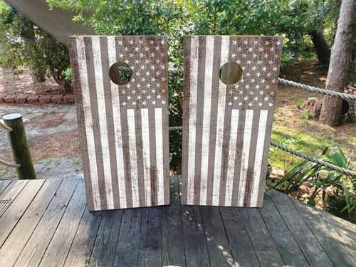 Cornhole boards featuring a USA American flag in a white wash