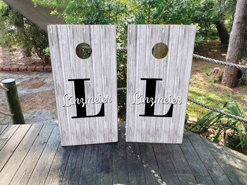 Custom gray barnyard, wood Grain Wedding Cornhole Boards