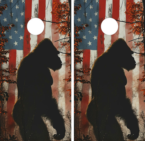 "Bigfoot USA Flag Professional Cornhole Boards featuring patriotic Bigfoot silhouette with American flag design and rustic background"
