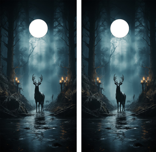 cornhole boards featuring a deer in a field at night