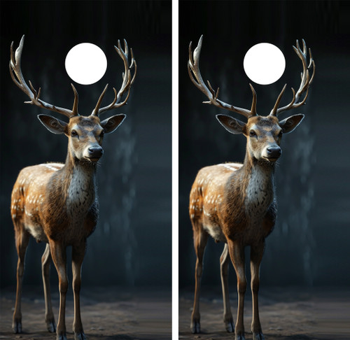 cornhole boards featuring a deer in a field at night